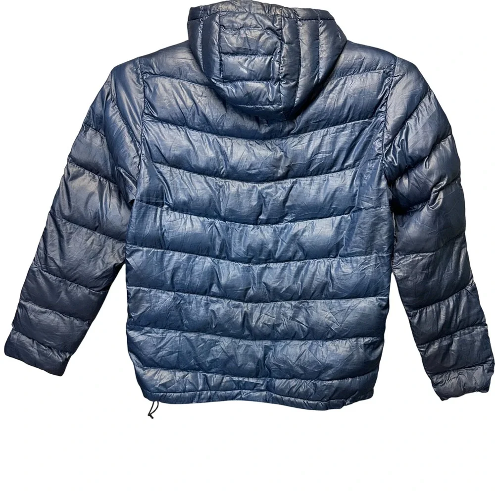 Adidas Mens Puffer Jacket Navy Blue Quilted Hooded Full Zip Three Stripe Size M